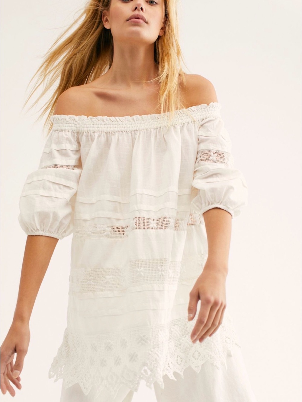 Free People Sounds of Summer Tunic Ivory Boho Off Shoulder Crochet Lace S